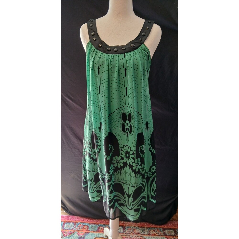 EYESHADOW Green/Black Sleeveless Baby doll Style Dress  SMALL